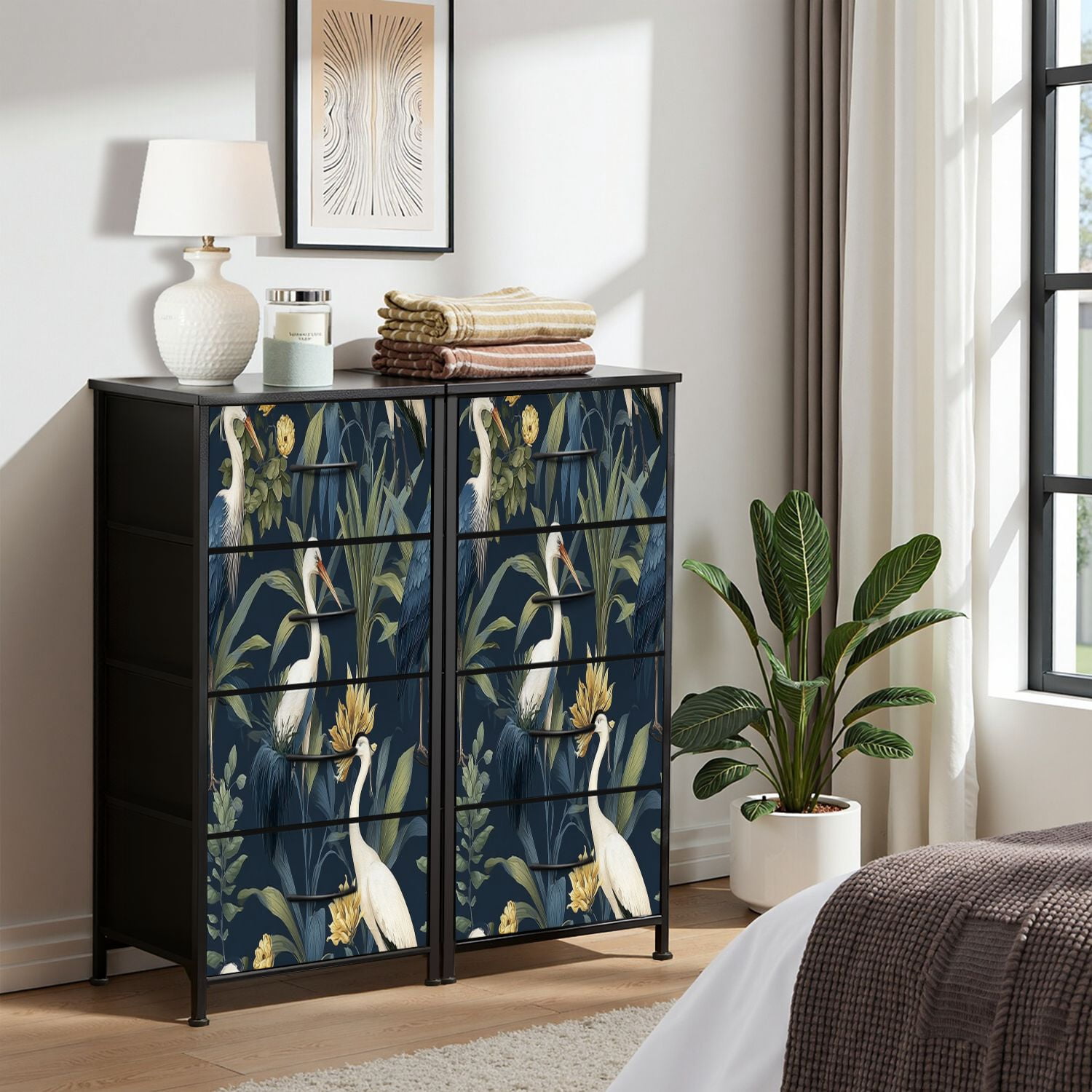 Vintage Dresser for Bedroom with 4 Storage Drawers Elegant Cranes Among Tropical Leaves Yellow Flowers Dark Dressers Chest of Drawers Steel Framed Fabric Closet Organizers for Nursery Entryway