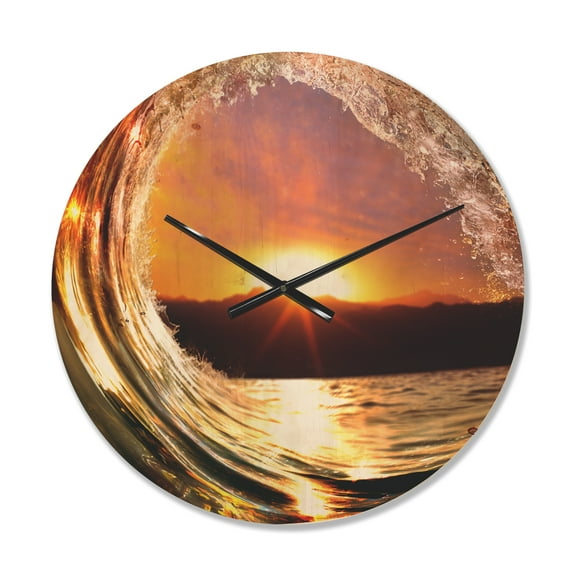 Designart 'Colored Ocean Waves Falling Down At Sunset VIII' Coastal Wood Wall Clock