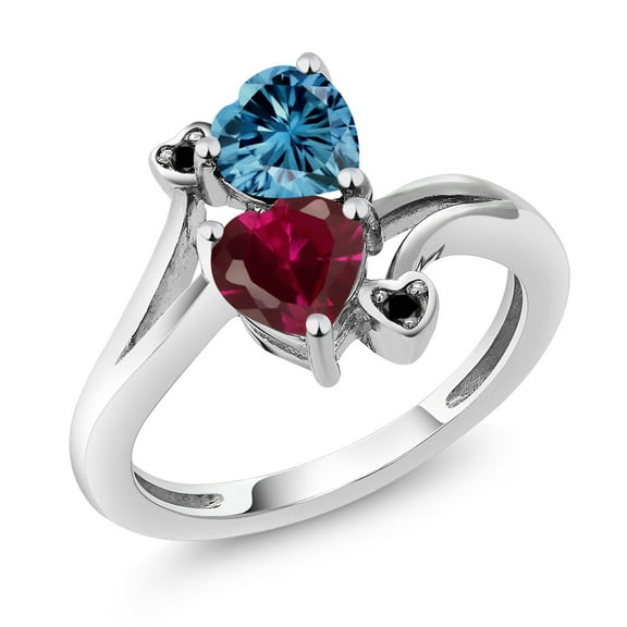 Gem Stone King 10K White Gold Diamond Accent Ring Heart Shape Persian Blue Moissanite and Created Ruby Red (1.80 Cttw, Size 7)