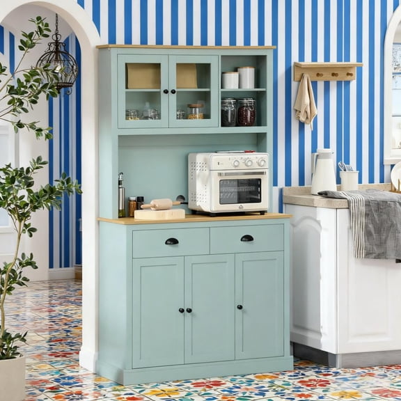 Light Blue Pantry Storage Cabinet Freestanding  Kitchen Buffet with Hutch with Drawers Glass Doors and Adjustable Shelves