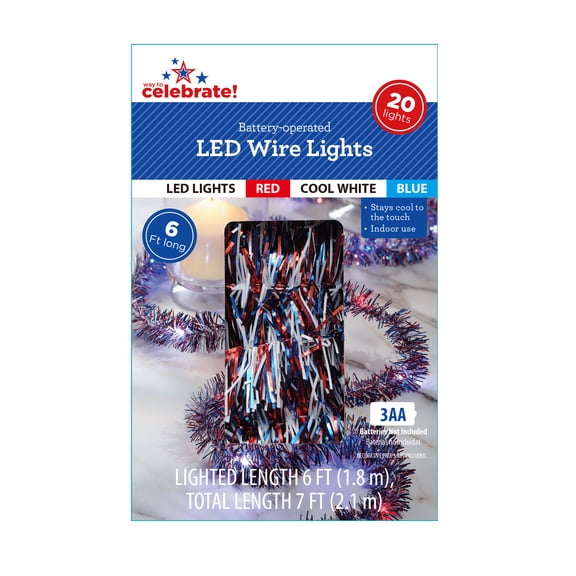 Indoor 20-Count Battery-Operated LED Tinsel Wire Lights, Red/Cool White/Blue, 6', Patriotic by Way To Celebrate