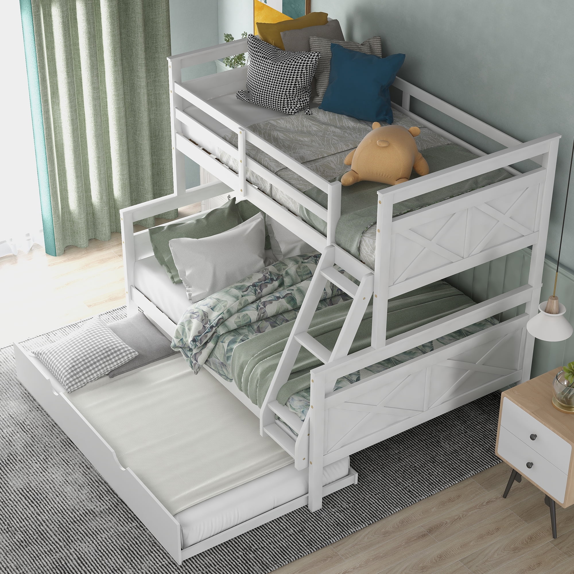 Euroco Wood Twin over Full Bunk Bed with Trundle for Kids Teens & Adults for Bedrooms, White