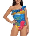 thumbnail image 2 of Picia Submarine And Landscape Pattern Women's One Piece Swimsuits,One Shoulder Swimwear Asymmetric ,Ruffle Monokinis Bathing Suits,High Waisted Flattering Bathing Suits-Small, 2 of 8