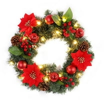 16" Christmas Wreath with Lights Battery Operated Prelit Christmas Front Door Wreaths with Mixed Ornaments for Outdoor Party Decorations Home Decor