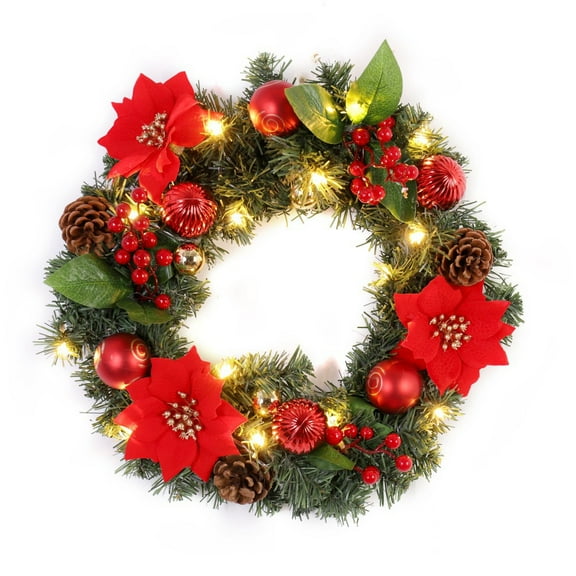 16" Christmas Wreath with Lights Battery Operated Prelit Christmas Front Door Wreaths with Mixed Ornaments for Outdoor Party Decorations Home Decor