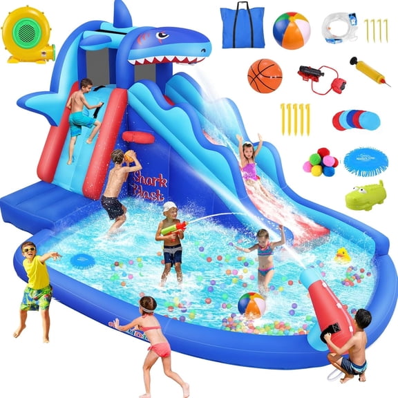 Veeboto Inflatable Water Slide with 480W Blower, Indoor and Outdoor Shark Design Bouncy House with Slide, Climbing Wall, Pool, Water Cannon, Water Park Suitable for Ages 3-8