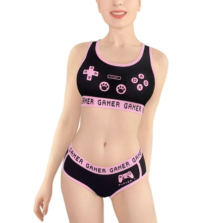 

Littleforbig Women Cotton Camisole and Panties Sports Bralette Set - Playgirl Black 2X-Large