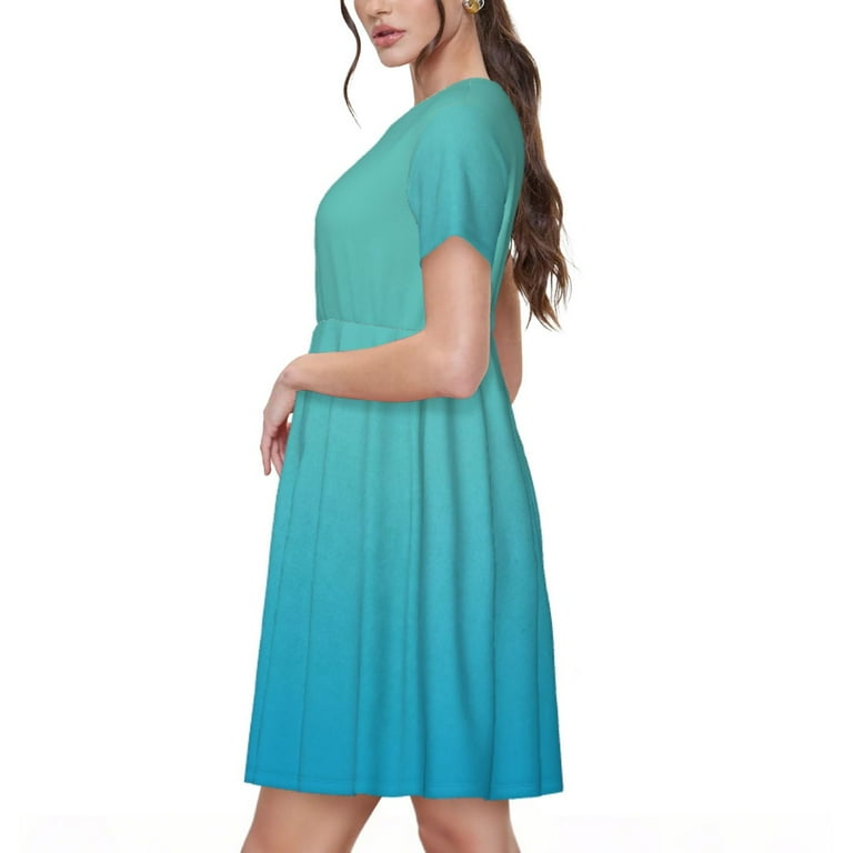 Salouo Teal Turquoise for Women's Short Sleeve Summer Dress, Pleated Loose  Swing Knee Length Dresses with Pockets - Walmart.com