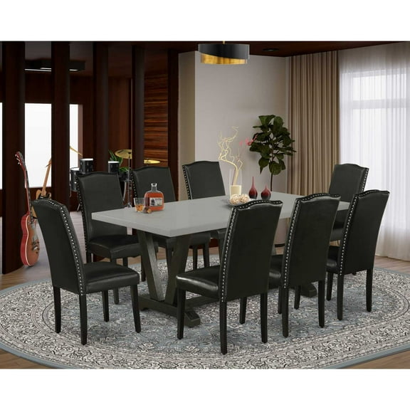East West Furniture V697EN169-9 9-Pc Dining Room Table Set - 8 Parson Chairs and 1 Modern Rectangular Cement Kitchen Table Top with High Chair Back - Wire Brushed Black Finish