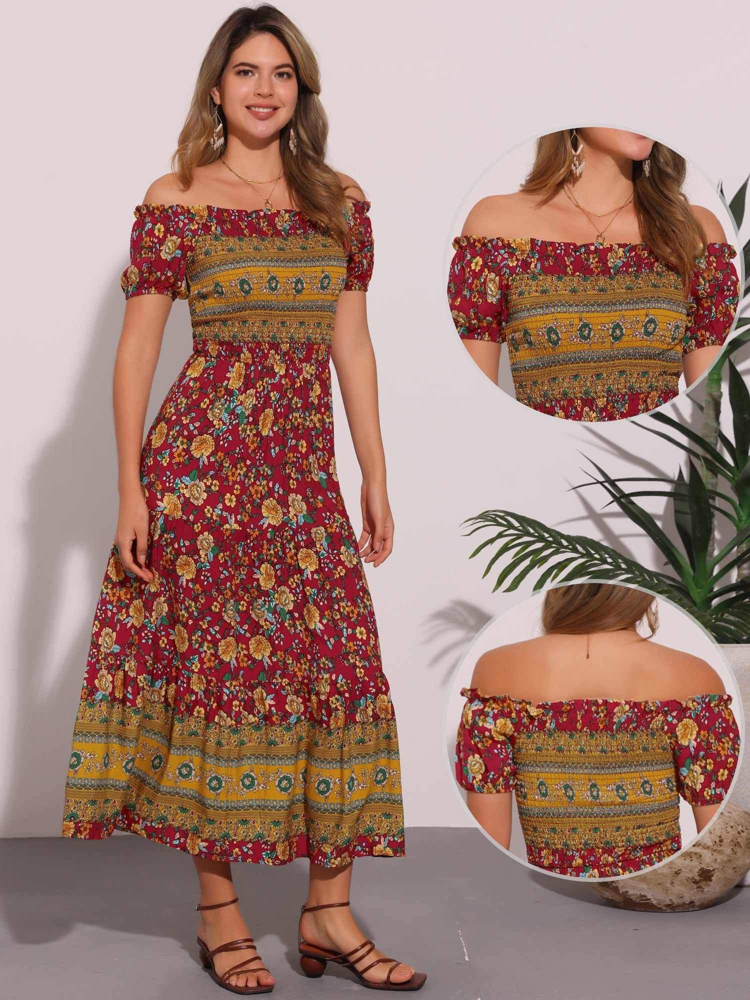 DARING DIVA Boho Floral Dress Midi Smocked Dress M Red