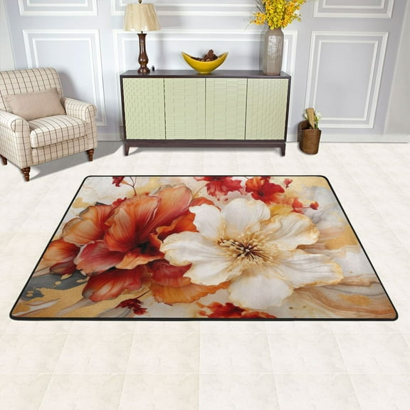 Area Floor Mats Red Flowers Large Nursery Rugs Non-Slip Living Room Carpets Bedroom Doormat for Dinning Decor 36" x 24"