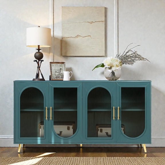 Tcbosik 4-Door Sideboard with Gaussian Glass, Adjustable Shelves, Golden Handles & Iron Legs – Modern 60" Media Console, Buffet Cabinet for Living Room or Dining Room (Navy Blue)