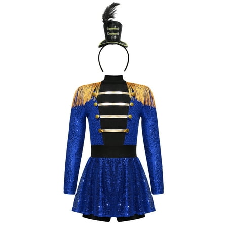 SiiRoh Girls Circus Ringmaster Jumpsuit Sequins Tassels Tutu Skirt Leotard with Hats for Stage Party Blue 16