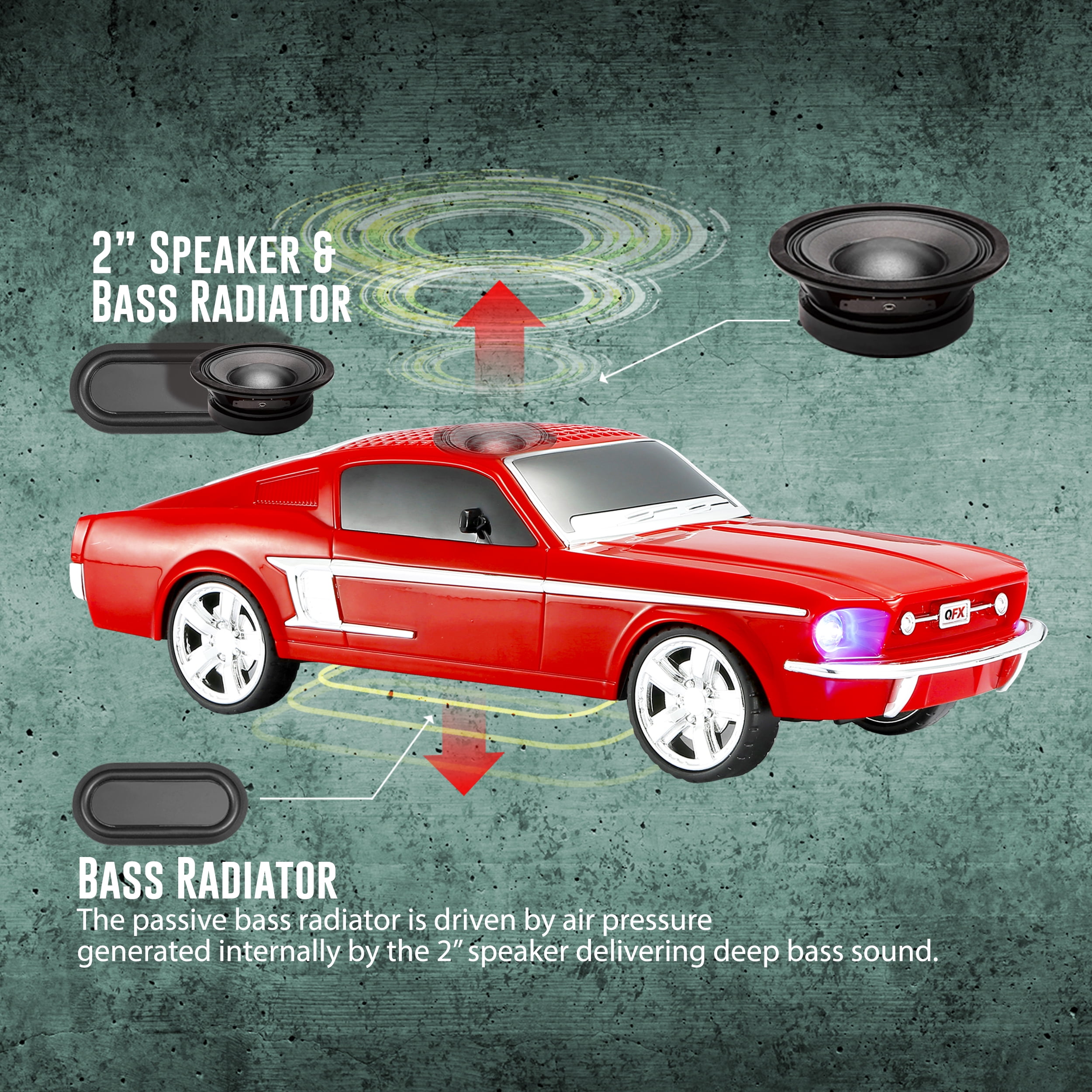 QFX Bluetooth 1965 Retro Car Replica Speaker, 3-inch Speakers, Hands Free Link, Built-in Microphone, FM Radio and LED Party Lights, Black - BT-1965-BLK