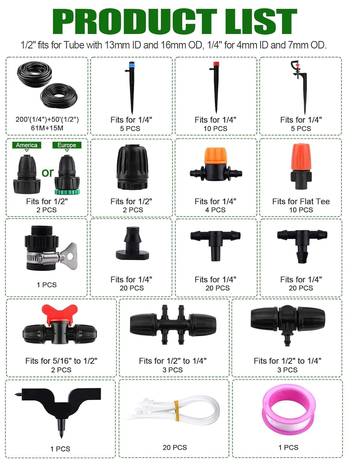 Kalolary 250FT Drip Irrigation Kit with Rotating Nozzles, 1/4" & 1/2" Automatic Garden Watering System, 4/7 16PE Distribution Tube, Adjustable Micro Sprinklers for Patio, Lawn, and Flower Beds