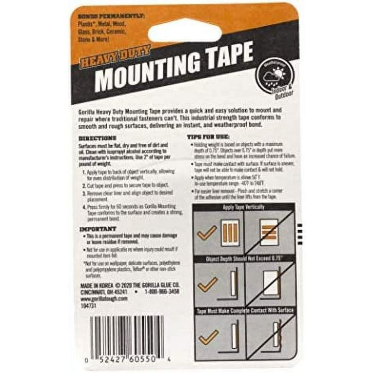  Gorilla - Heavy Duty Double Sided Mounting Tape, Weatherproof,  1 x 60, Black, (Pack of 2) : Office Products