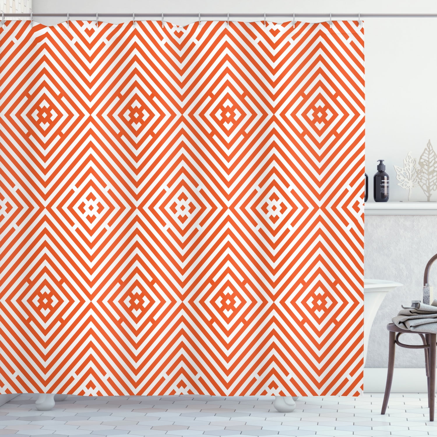 Burnt Orange Shower Curtain, Rhombuses in Bullseye Pattern with