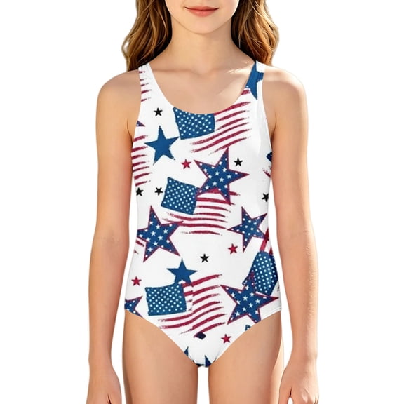 Coerni Girls 4th of July Swimsuits One-Piece Bodysuit USA Flag Sleeveless Bathing Suit Kids Summer Fashion Swimwear 5-16 Years
