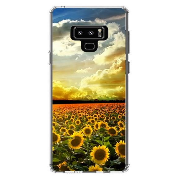 DistinctInk Clear Shockproof Hybrid Case for Samsung Galaxy Note 9 - TPU Bumper, Acrylic Back, Tempered Glass Screen Protector - Green Blue Yellow Sunflowers