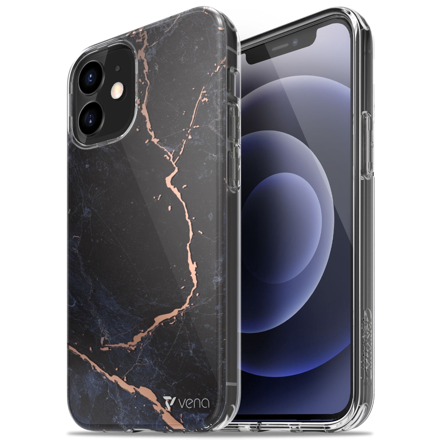 Vena Melange Marble Case Compatible with Apple iPhone 12 Mini (5.4"-inch), (Drop Proof Protection) Stylish Glitter Sparkle Bumper Case Cover - Black