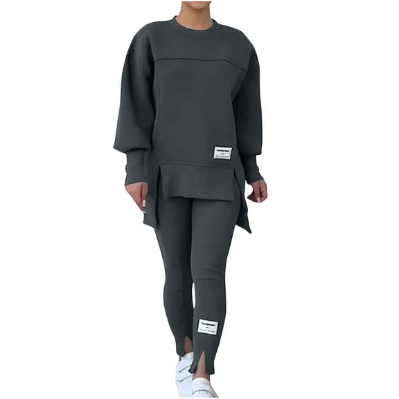 Womens Pant Sets 2 Piece Outfits Tracksuit Long Sleeve High-Low Slit Hem Sweatshirt Leggings Jogger Sweatsuit New Women Airport Outfits Winter Dark Gray 3XL