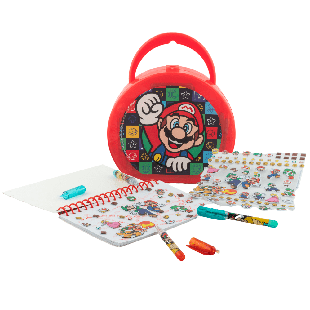 Super Mario Kids Art Supplies Gel Pens Markers Stickers with Hard Travel Carry Case