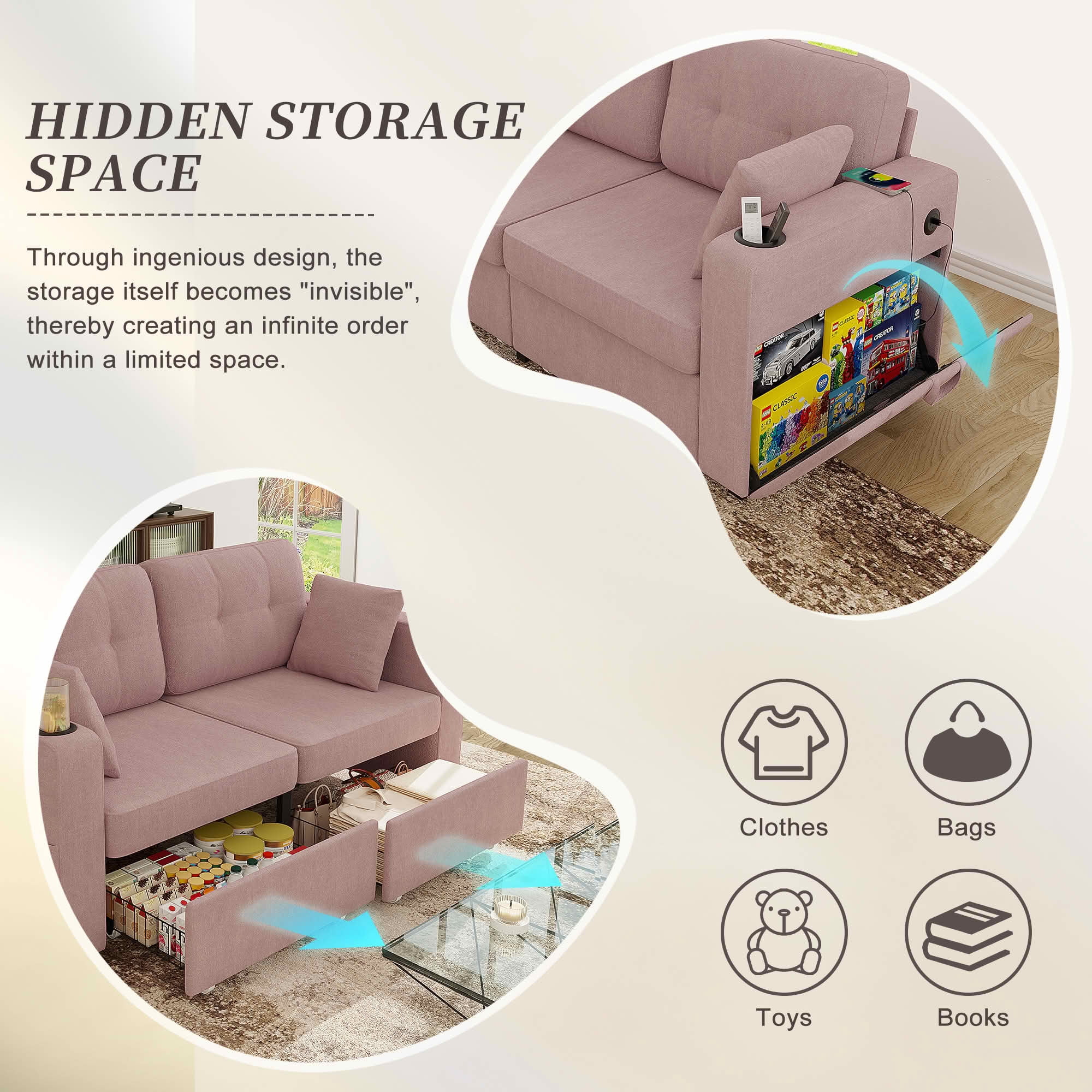 MAYEERTY Modern 3-Seat Chenille Sofa, Wood Frame Sectional Couch with USB Charging, Cup Holder & Storage Function for Home Small Space Living Room