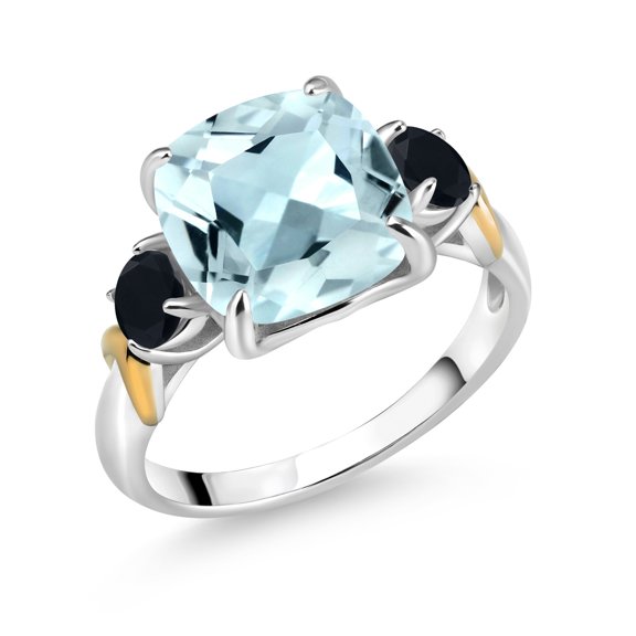 Gem Stone King 925 Silver and 10K Yellow Gold Sky Blue Simulated Aquamarine and Black Onyx 3 Stone Ring for Women (4.24 Cttw, Gemstone Birthstone, Cushion 10MM, Round 4MM, Size 9)