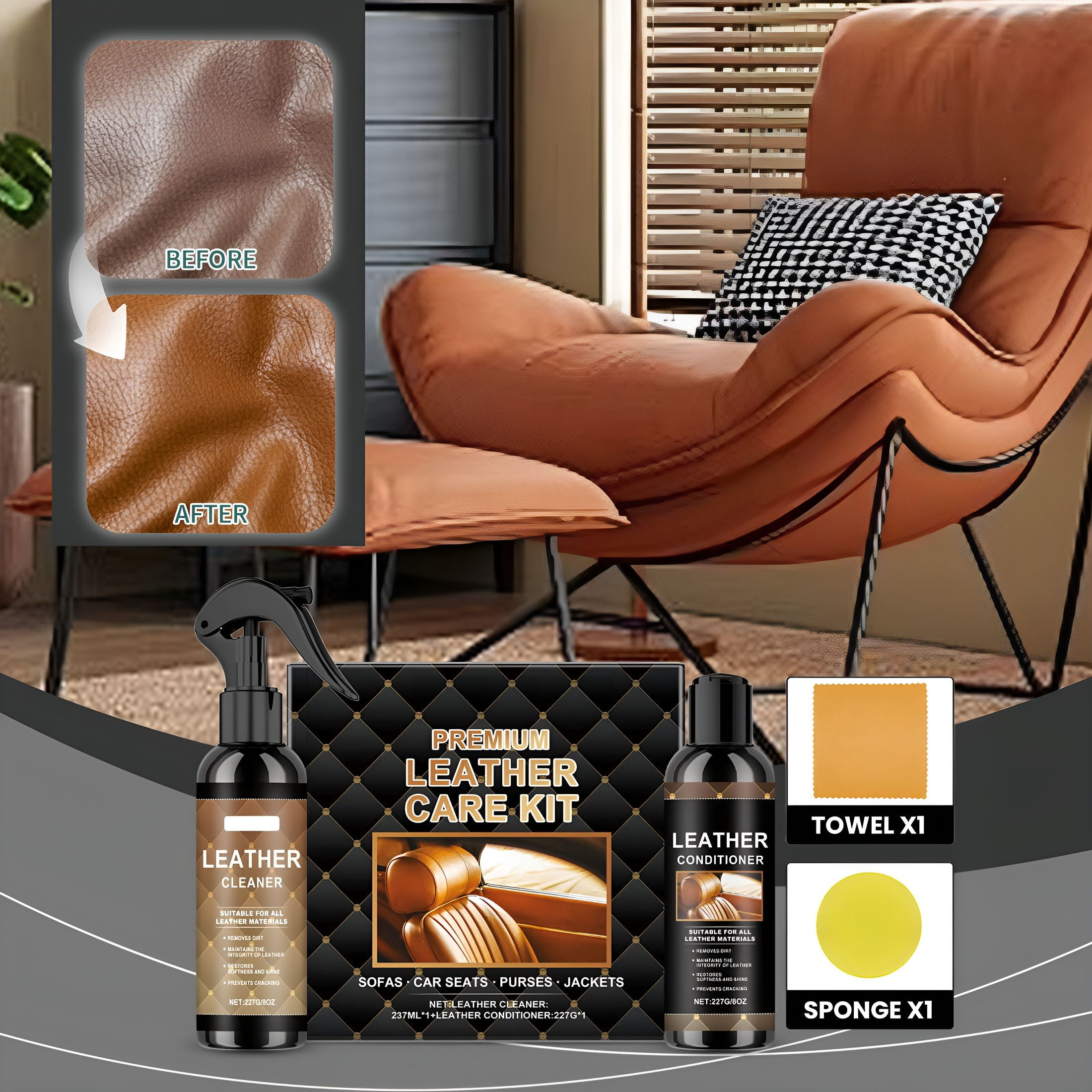 RAGUPEL Complete Leather Care Kit: 8Oz Cleaner, 8Oz Conditioner, Sponge and Towel, Non-Toxic Leather Care, Restore Couches, Car Seats and Interior, Jackets, Shoes and Bags, for Any Color
