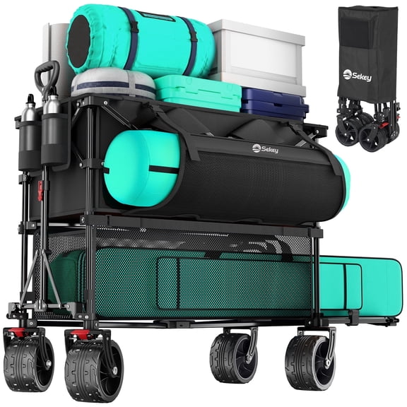 Sekey 400L Folding Double Decker Wagon with Brakes, 50" Extender, 500lbs Heavy-Duty Cart, All-Terrain Wheels,Black
