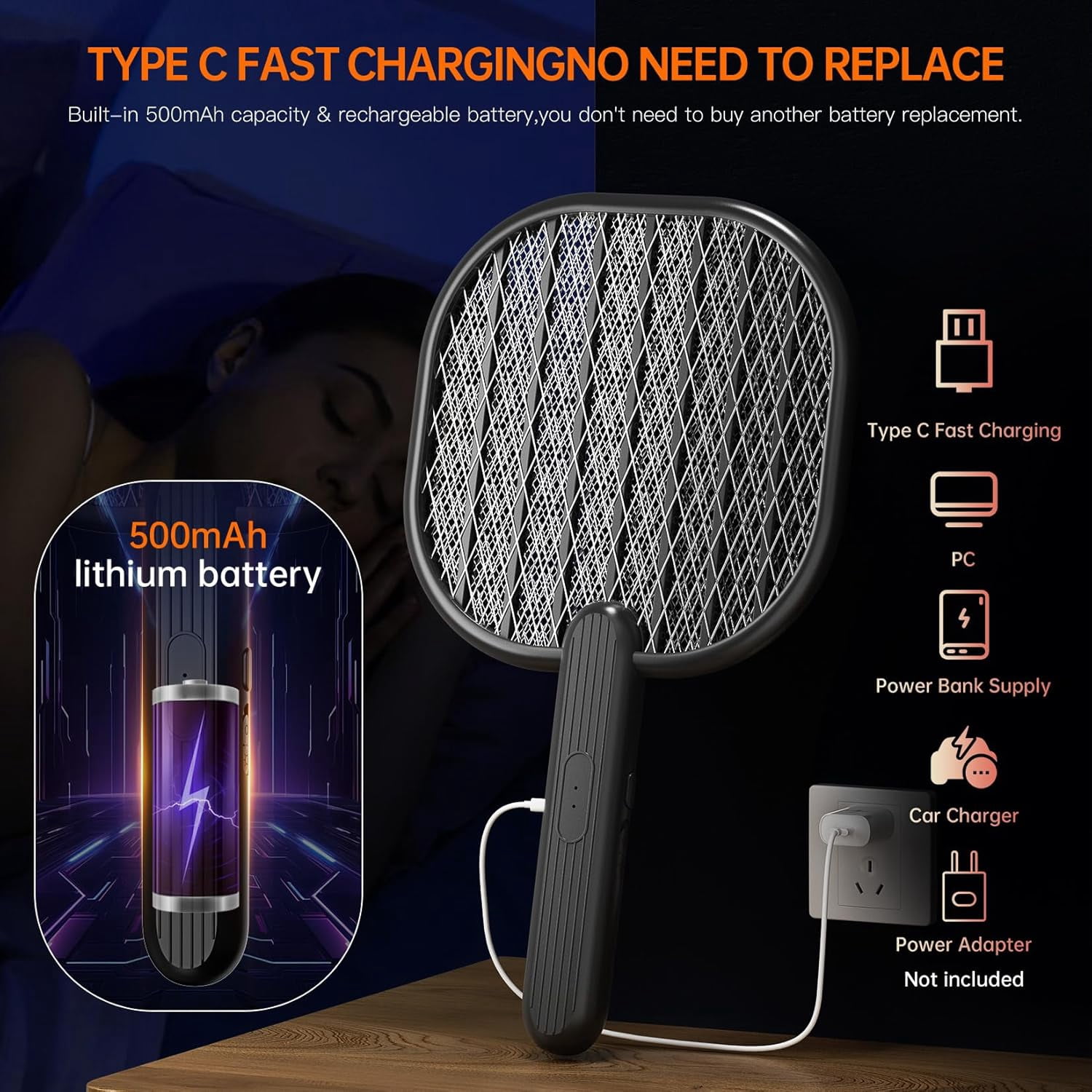 Electric Fly Swatter Bug Zapper: 3500V Mosquito Killer Racket with USB Rechargeable Insect Trap Pest Control Handheld Lightweight 5-Layer Safety Mesh for Indoor Home Office Backyard Patio Camping