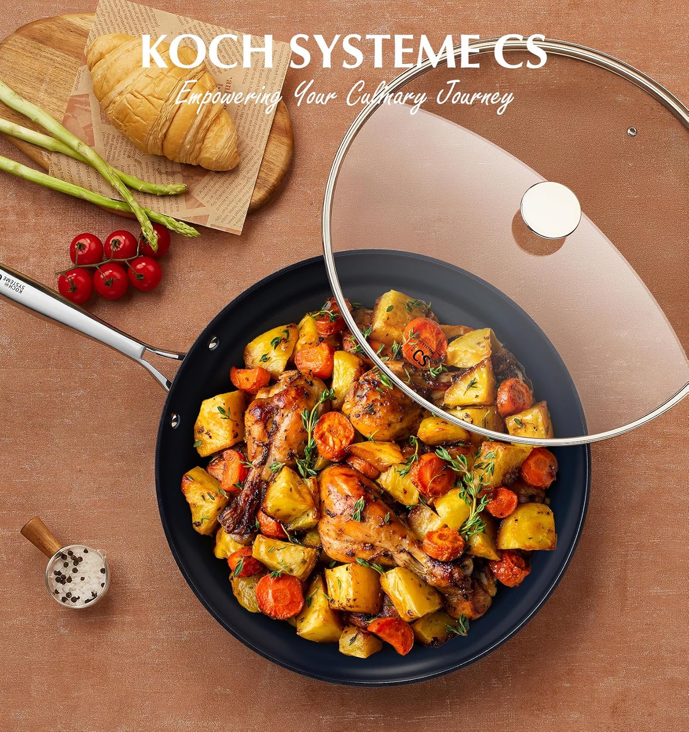 Koch Systeme CS 14 inch Nonstick Frying Pan with Lid, Skillet with Ceramic Coating, Suitable for All Stoves, Gradient Blue
