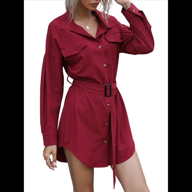 Vestido Camisero Midi de Larga para Mujer, Informal, Liso, con Botones, Bajo Curvo y Cinturón. Vino Tinto M