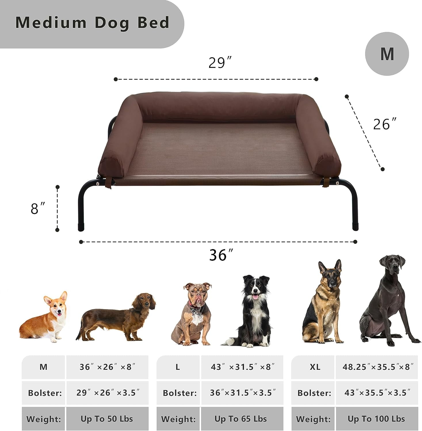Cooling Elevated Dog Bed, Outdoor Raised Dog Beds, Medium Waterproof Dogs Cot W/Breathable Mesh, Pet Cot W/Portable Removable Bolster