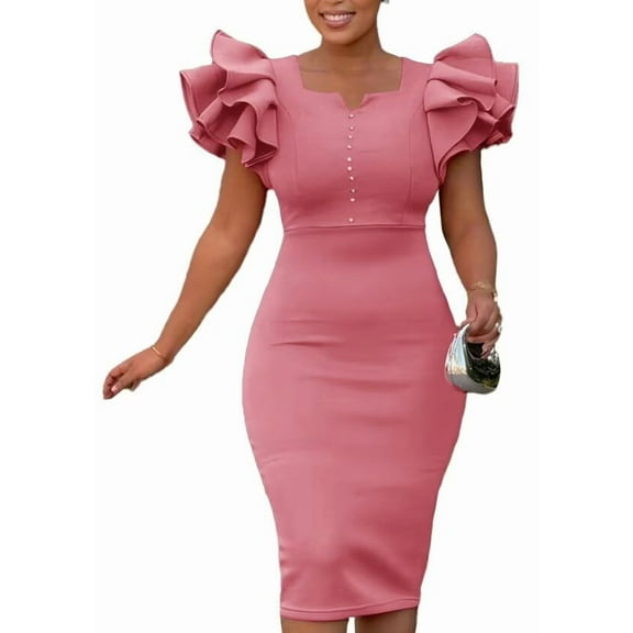 Women's Cocktail Dresses V Neck Wedding Guest Dress Ruffle Sleeve Party Dresses