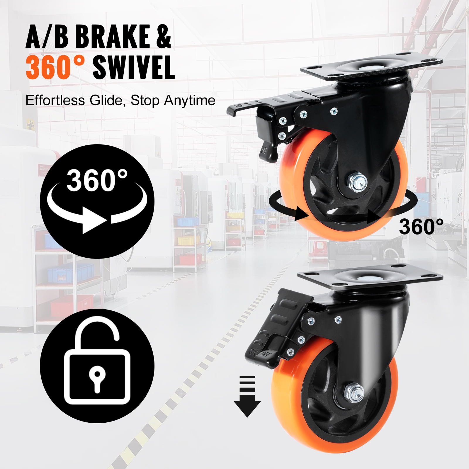 KFFKFF Caster Wheels, 4-inch Rotating Plate Casters, Pack of 4, featuring A/B Security Locks, Quiet PVC Wheels, Durable with a 350 lbs Weight Limit Each, Ideal for Carts, Furniture, and Workbenches