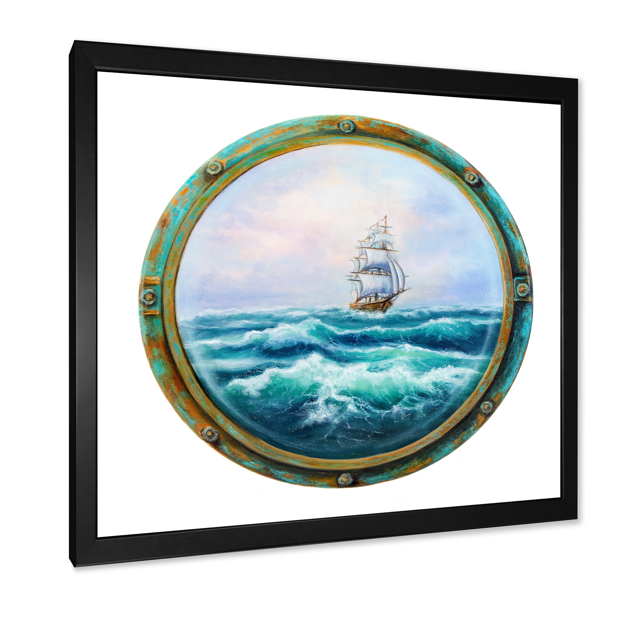 Designart 'Ship In Stormy Ocean Through Cabin Window' Nautical & Coastal Framed Art Print