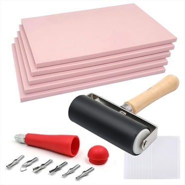Lot de 5 Blocs de Sculpture en Caoutchouc Rose Pâle 4x6 avec Coupe-Linoléum et Rouleau de Brayer en Caoutchouc