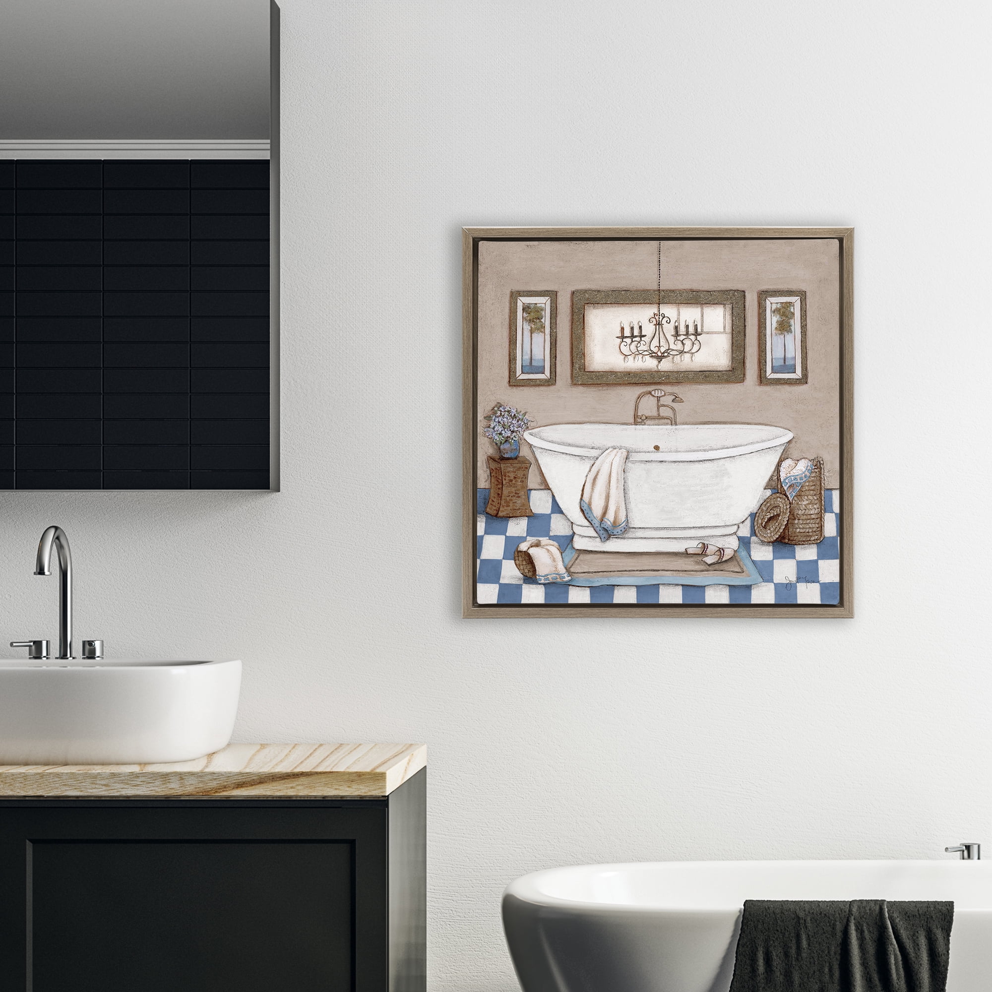 Stupell Industries Checkered Bathroom & Chandelier Brown Framed Floater Canvas Wall Art, design by Janet Tava
