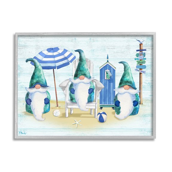 Nautical Beach Gnome Trio Fairy Tales & Fantasy Graphic Art Gray Framed Art Print Wall Art