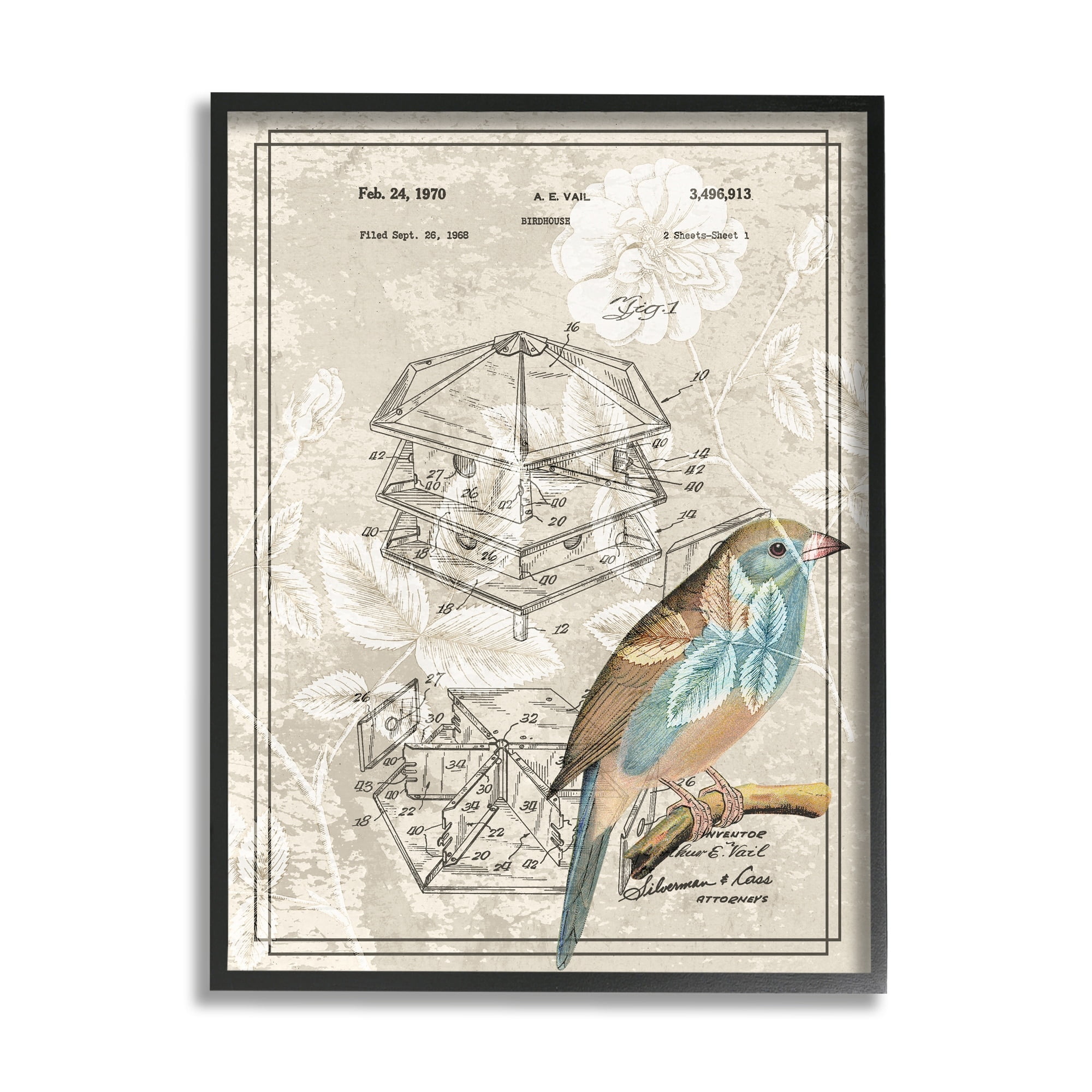 Stupell Industries Vintage Bird House Patent Design Figure Eastern Bluebird, 16 x 20, Design by Daphne Polselli