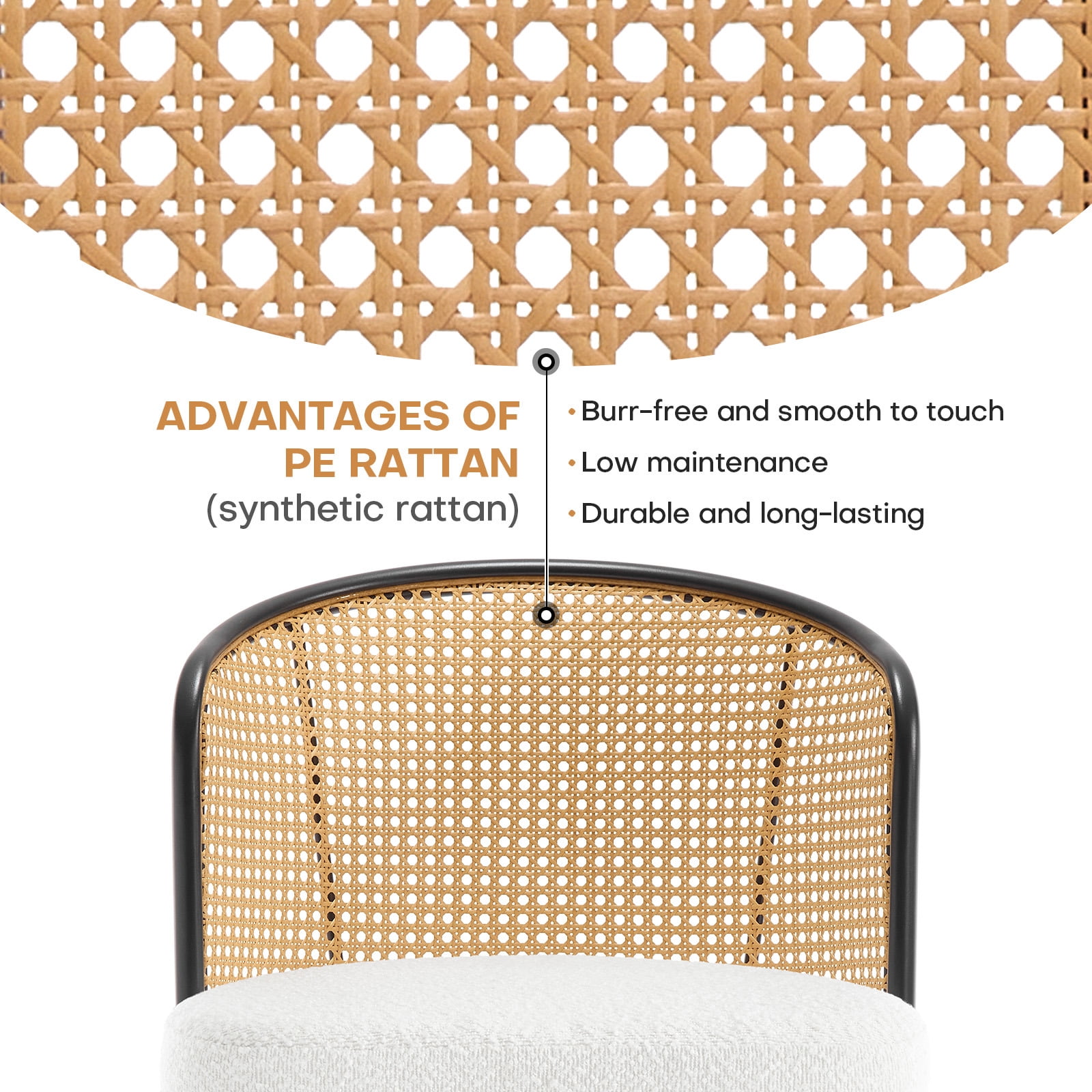 Foreate Cane Swivel Barstools Set of 2, 29" Seat Counter Height w/ Rattan Mid-Back Metal Legs, Upholstered Boucle Fabric Modern Armless Bar Stools Chairs for Kitchen Island Pub