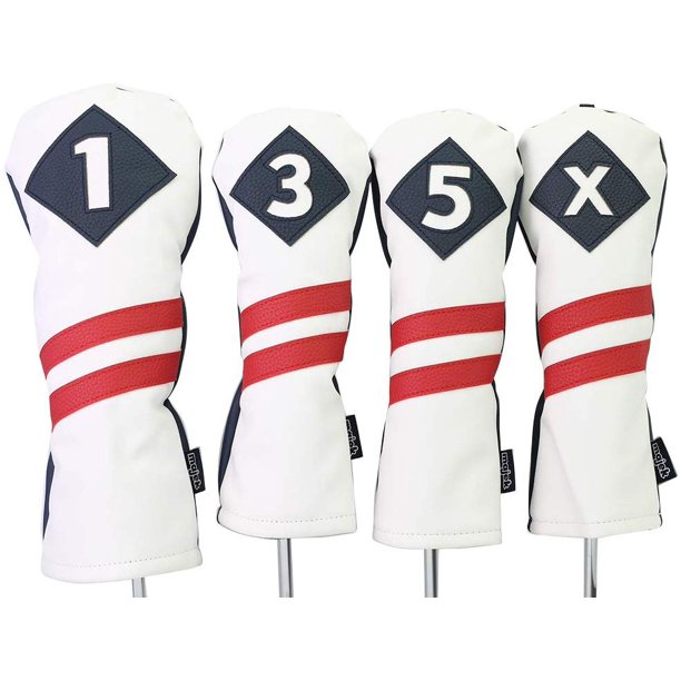 Majek Retro Golf Headcovers White with Red Stripe Vintage Leather Style