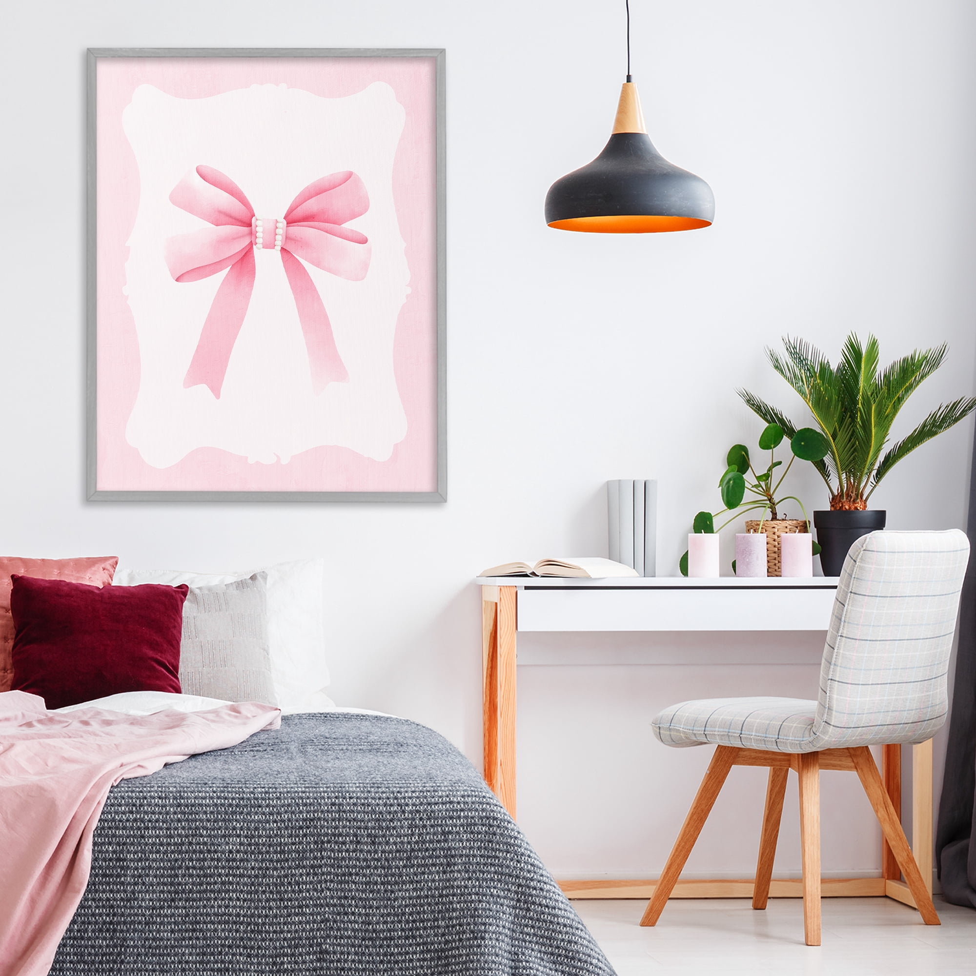 Stupell Industries Feminine Bow with Pearls Gray Framed Giclee Art, design by Kim Allen