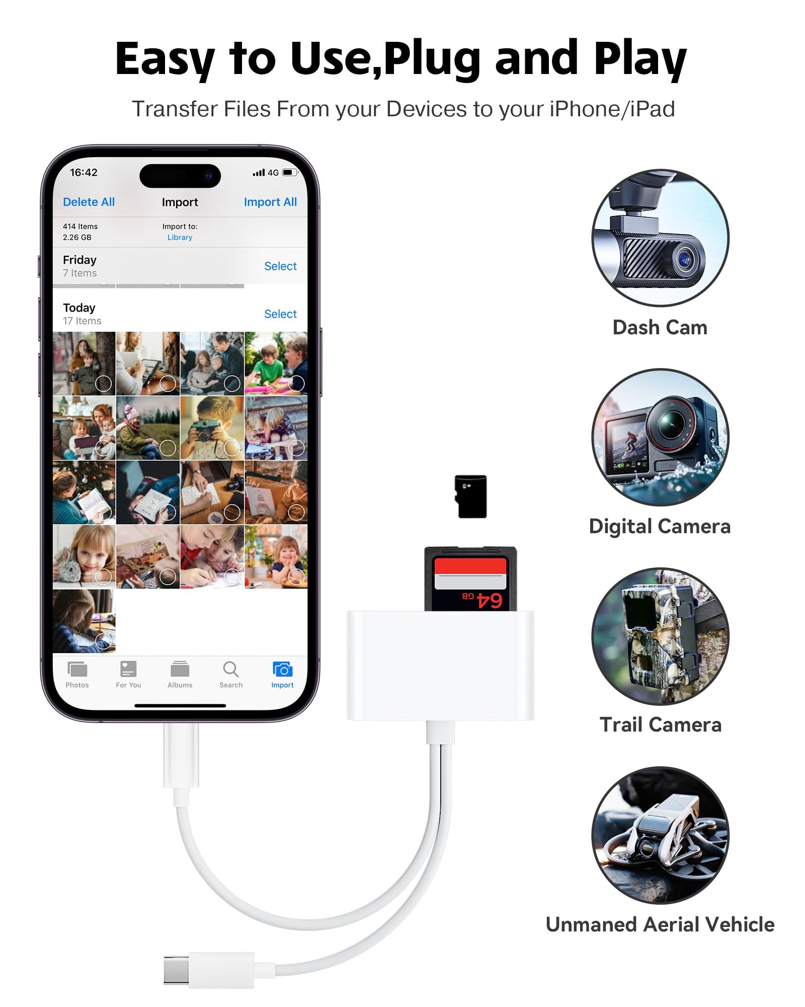 SD Card Reader for iPhone, iPad, USB C and Lightning Dual Port SD Card Adapter, Memory Card Reader for Camera Adapter, Support SD, Micro SD, USB 3.0, No App Driver Required
