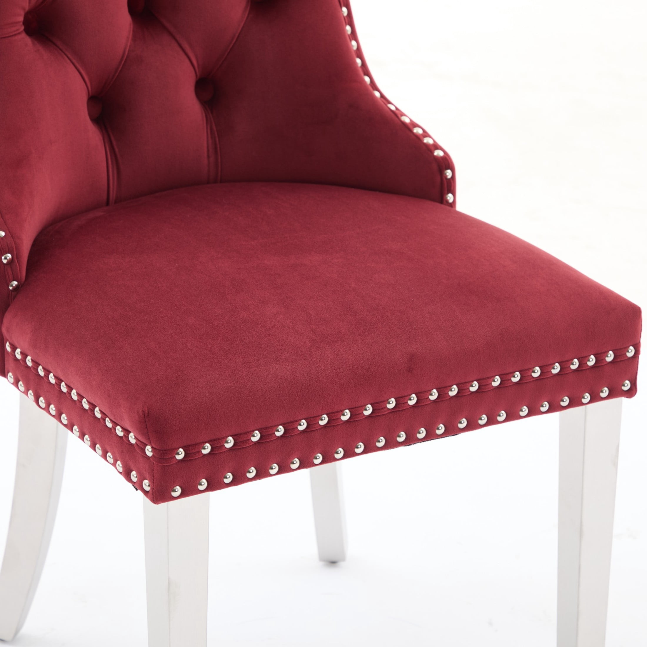 Noble House Set of 2 Upholstered Velvet Dining Chairs, Tufted Back, Chrome Legs, Wine Red