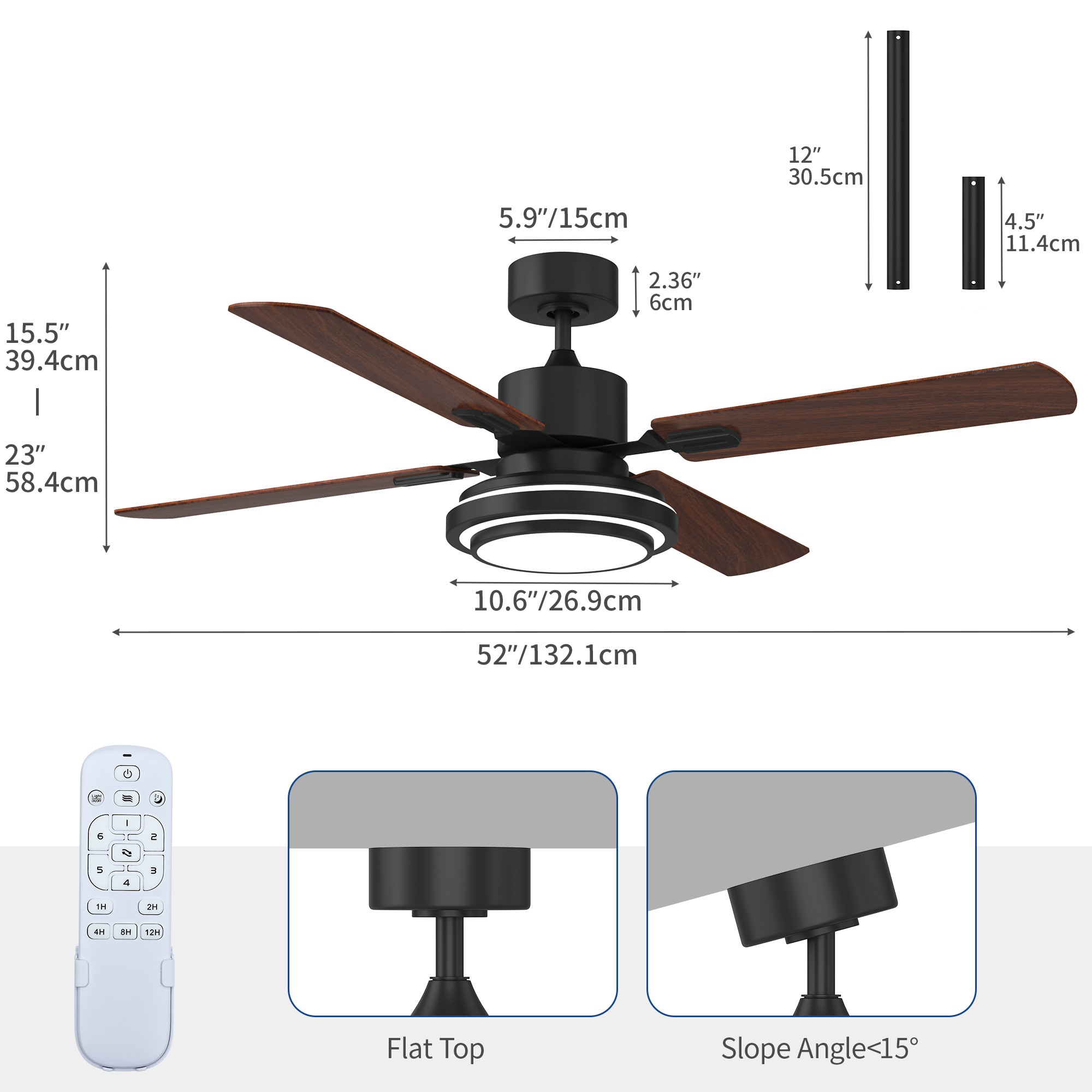 Uforic 52'' Ceiling Fan with Light and Remote Control, 6 Speeds, 5 Timer Settings, and Dual-Finish Blades (Black)