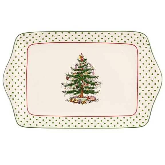 Spode Christmas Tree 12-Inch Polka Dot Dessert Tray - Festive Holiday Serving Platter for Desserts, Appetizers, Side Dishes - Christmas Tree & Polka Dots - Dishwasher, Microwave, Freezer Safe