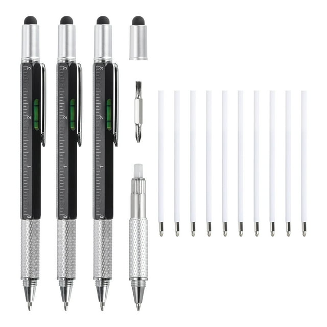 Unique Bargains 3 Pcs 6 en 1 Outil Technique Multifonction en Aluminium Stylo Cadeaux pour Hommes avec Stylo à Bille, Règle, Tournevis, Stylet, Noir