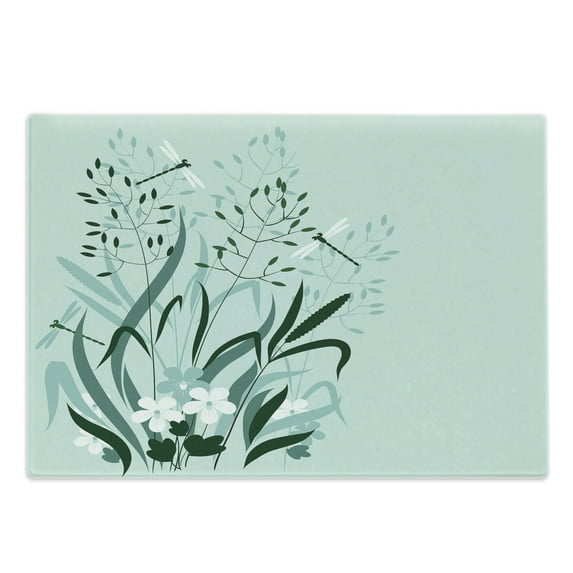 Dragonfly Cutting Board, Wild Grass and Dragonflies in Exquisitely Growing Lawn Herb Bush Rural Pattern, Decorative Tempered Glass Cutting and Serving Board, Large Size, Pale Green, by Ambesonne